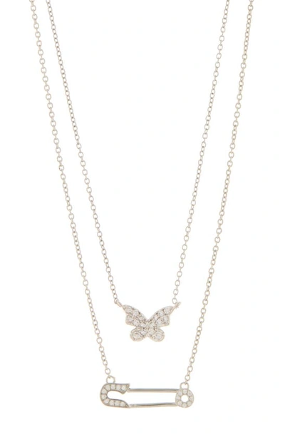 Adornia Safety Pin & Butterfly Cz Layered Necklace In Silver