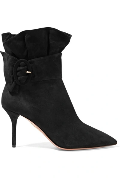 Aquazzura Palace Ruffled Suede Ankle Boots In Black