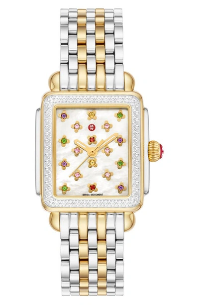 Michele Deco Mid Fleur Diamond Special Edition Bracelet Watch, 29mm X 31mm In Two Tone / Multi