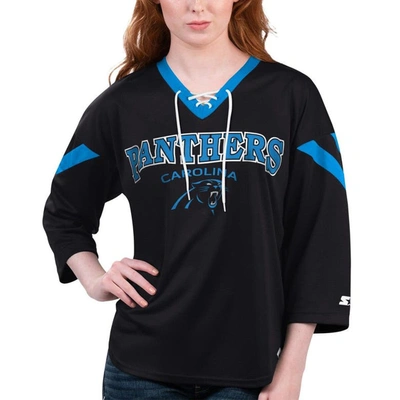 Starter Black Carolina Panthers Rally Lace-up 3/4 Sleeve T-shirt
