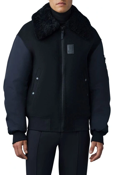 Mackage Leonard Recycled Wool & Genuine Shearling Bomber Jacket In Black