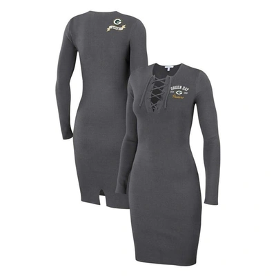 Wear By Erin Andrews Charcoal Green Bay Packers Lace Up Long Sleeve Dress