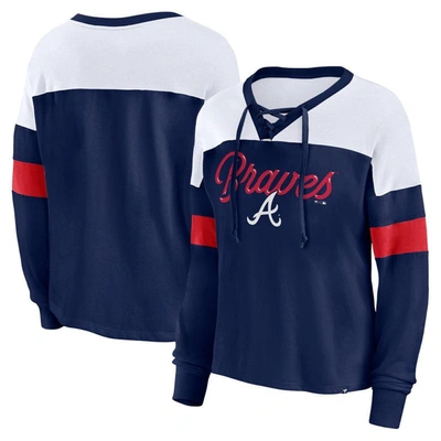 Fanatics Women's  Navy, White Atlanta Braves Even Match Lace-up Long Sleeve V-neck T-shirt In Navy,white