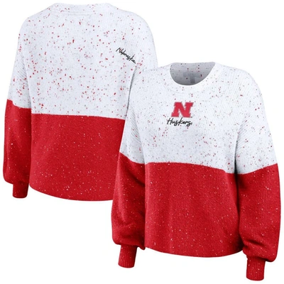 Wear By Erin Andrews White/scarlet Nebraska Huskers Colorblock Script Pullover Sweater