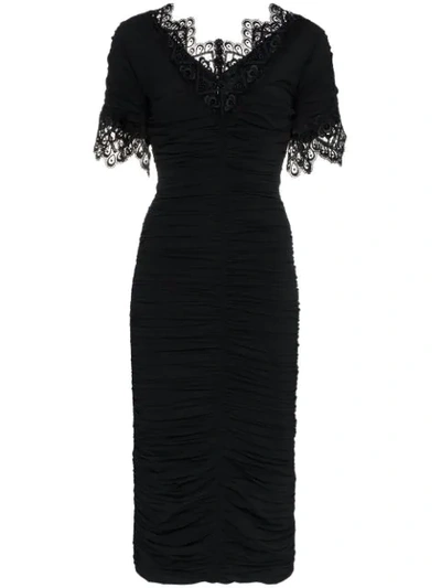 Dolce & Gabbana Crocheted Lace-trimmed Ruched Silk-blend Georgette Dress In Black