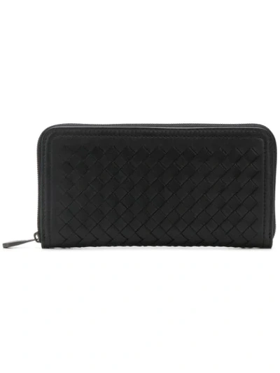 Bottega Veneta Intreccio Zip Around Leather Wallet In Black