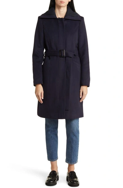 Sam Edelman Wool Blend Rib Collar Coat In Navy