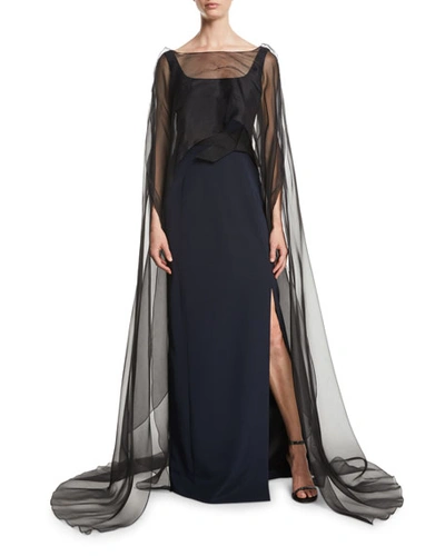 Atelier Caito For Herve Pierre Square-neck Sleeveless Column Evening Gown W/ Organza Cape In Black/blue