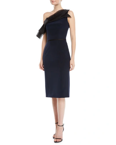 Atelier Caito For Herve Pierre One-shoulder Organza-bow Silk Crepe Sheath Cocktail Dress In Black/blue