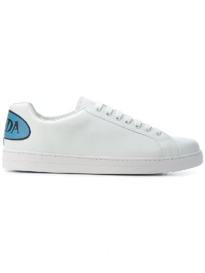 Prada Men's Avenue Bubble-patch Leather Low-top Sneakers, White/blue