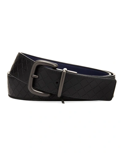 Bottega Veneta Men's Reversible Intrecciato Mirage Leather Belt In Black