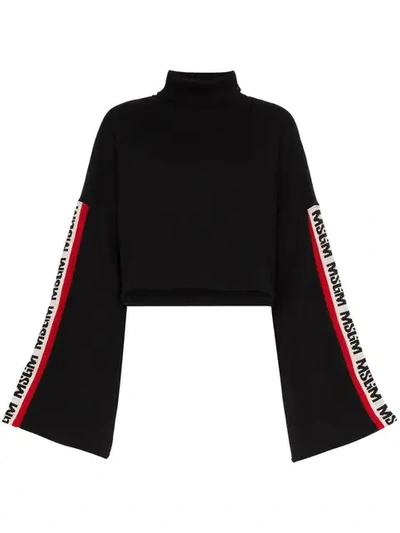Msgm Bell-sleeve Cropped Logo Turtleneck Sweatshirt In Black