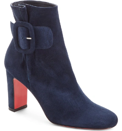 Christian Louboutin Tres Olivia Suede Buckled Red Sole Booties In Marine Suede