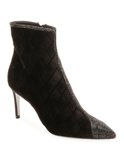 René Caovilla Quilted Velvet Strass Booties In Black