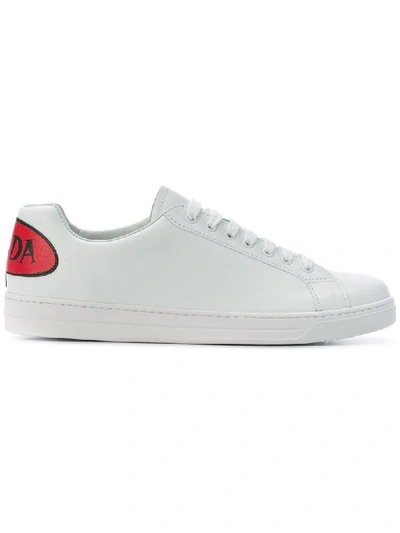 Prada Men's Avenue Bubble-patch Leather Low-top Sneakers, White/red