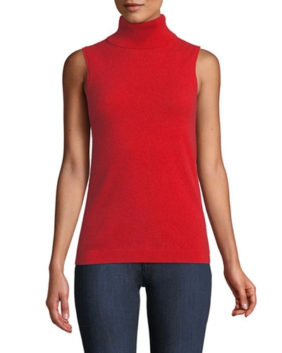 Neiman Marcus Cashmere Sleeveless Turtleneck Top In Red