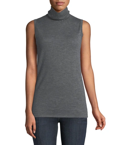 Neiman Marcus Sleeveless Mock-neck Cashmere Sweater W/ Chain Trim In Heather Grey