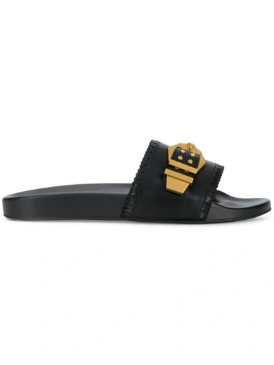 Versace Palazzo Buckle Top Leather Slides In Black