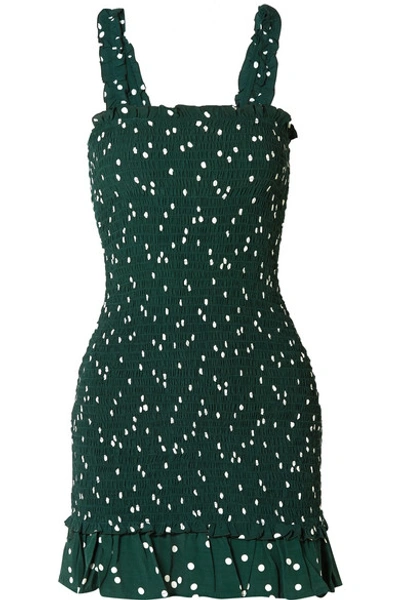 Faithfull Del Mar Smocked Polka-dot Crepe Mini Dress In Dark Green
