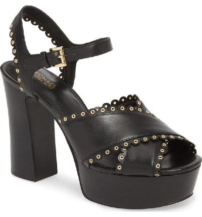 Michael Michael Kors Women's Jessie Scalloped Leather Platform Block Heel Sandals In Black Leather