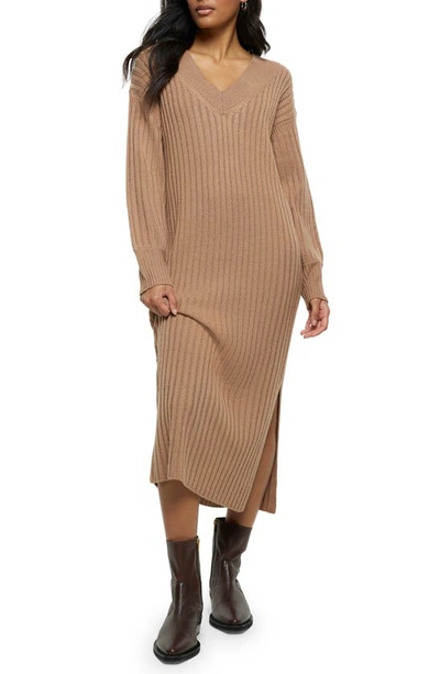 River Island Dawn Long Sleeve Rib Midi Sweater Dress In Brown