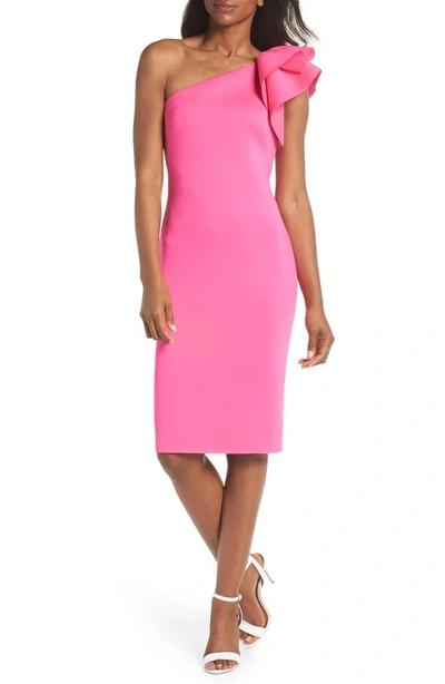 Eliza J One-shoulder Ruffle Sheath Cocktail Dress In Hot Pink