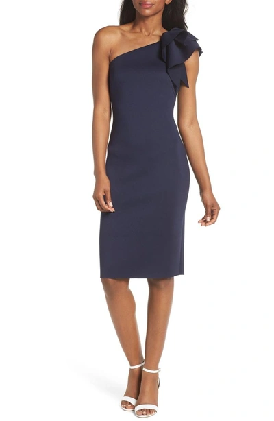 Eliza J One-shoulder Ruffle Sheath Dress In Navy