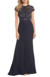 Tadashi Shoji Women's Floral Embroidered Crepe Gown In Navy/ Nude