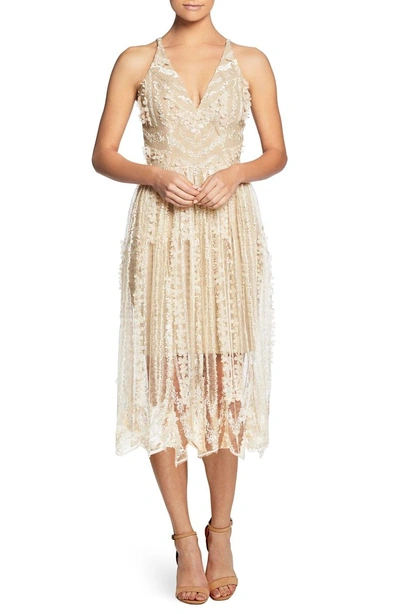 Dress The Population Celine Embroidered Tea Length Dress In Cream/ Nude