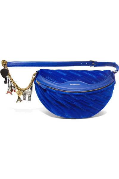 Balenciaga Souvenir Xs Embellished Leather-trimmed Quilted Velvet Belt Bag In Blue