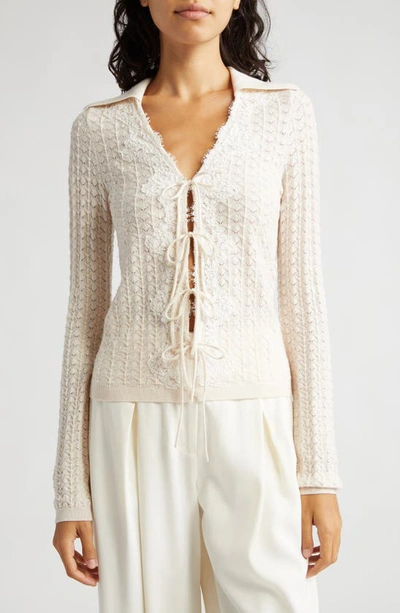 Sea Kyra Pointelle Tie Front Wool Cardigan In Cream
