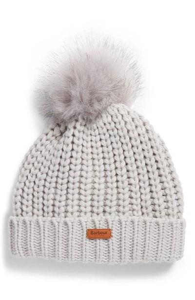 Barbour Saltburn Beanie With Faux Fur Pom In Ice White