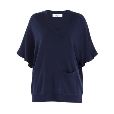Paisie Knitted V-neck Top With Frill Sleeves & Front Pocket In Navy