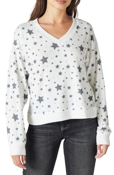 Lucky Brand Cloud Jersey Long Sleeve V-neck Top In White With Stars