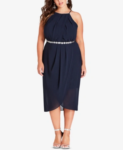 City Chic Trendy Plus Size Belted Faux-wrap Midi Dress In Navy