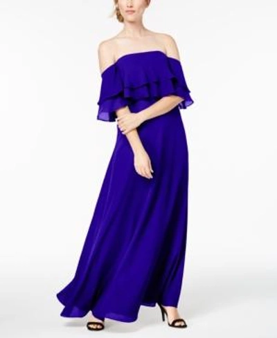 Calvin Klein Tiered Flounce Gown In Indigo