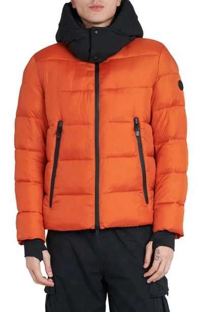 The Recycled Planet Company Tag Hooded Water Resistant Insulated Puffer Jacket In Dusty Orange/ Black