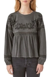 Lucky Brand Embroidered Babydoll Top In Washed Black