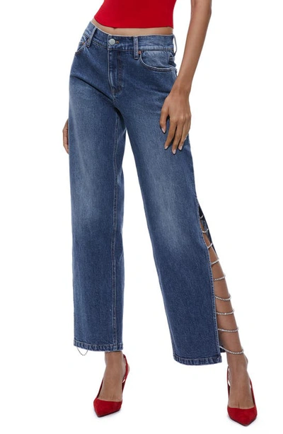 Alice And Olivia Gayle Embellished Split Leg Baggy Jeans In Brooklyn Blue