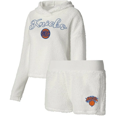 College Concepts Women's  Cream New York Knicks Fluffy Long Sleeve Hoodie T-shirt And Shorts Sleep Se