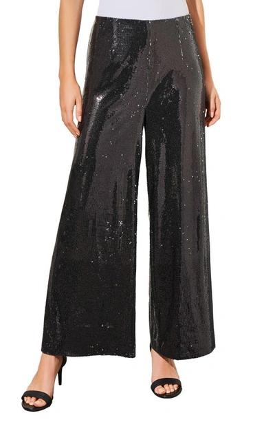Ming Wang Novelty Sequin Wide Leg Trousers In Black