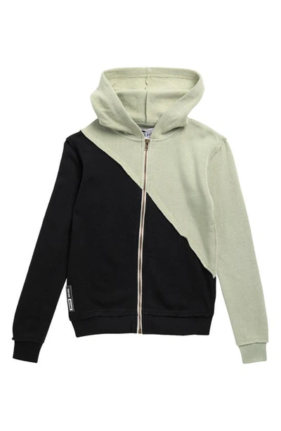 Vintage Havana Kids' Diagonal Colorblock Full Zip Hoodie In Sage/ Black