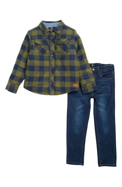 7 For All Mankind Kids' Plaid Button-up Shirt & Jeans Set In Olive