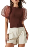 Astr Avery Organza Puff Sleeve Open Back Top In Brown