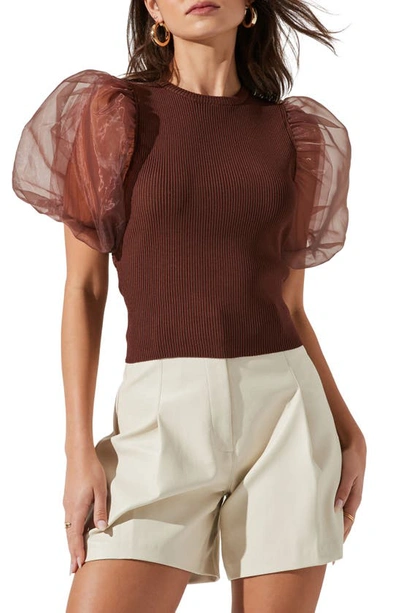Astr Avery Organza Puff Sleeve Open Back Top In Brown
