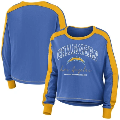 Wear By Erin Andrews Powder Blue/gold Los Angeles Chargers Color Block Modest Crop Long Sleeve T-shi
