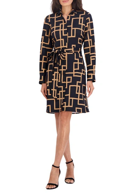 Foxcroft Rocca Maze Print Long Sleeve Shirtdress In Black Multi