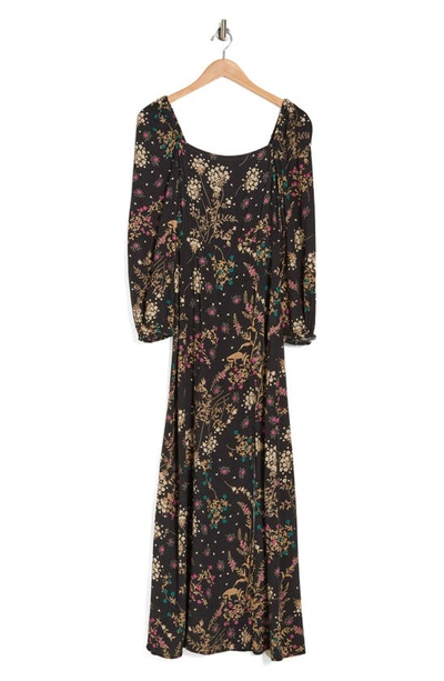 Lovestitch Floral Long Sleeve Maxi Dress In Black/ Jade