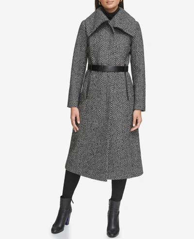 Kenneth Cole Textured Twill Long Wool Coat In Black White