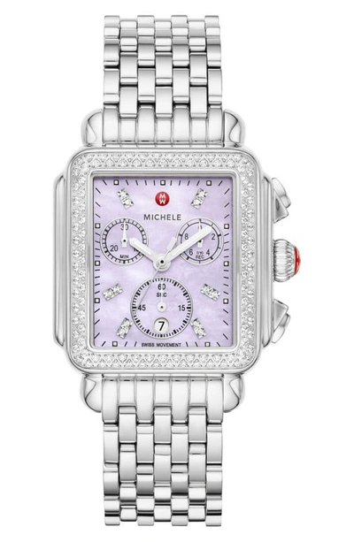 Michele Deco Diamond Chronograph Bracelet Watch, 33mm X 35mm In Silver / Lavender